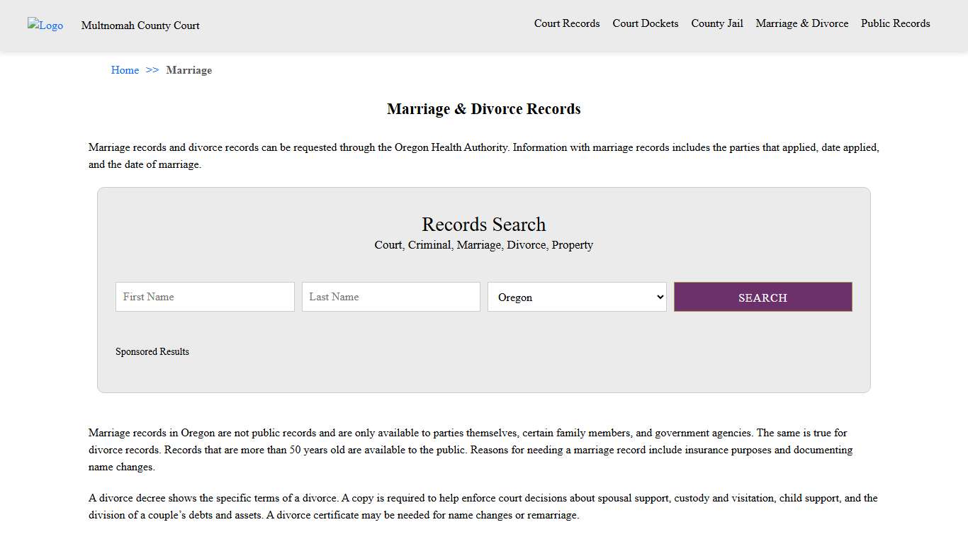 Marriage & Divorce Records Multnomah County Court